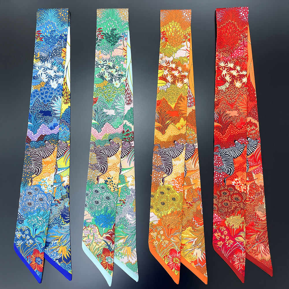 European and American Korean Version Plant Jungle Horse Women's Twill Ribbon Long Strip Ribbon Bag Tie Ribbon Hairband Small Scarf Scarf