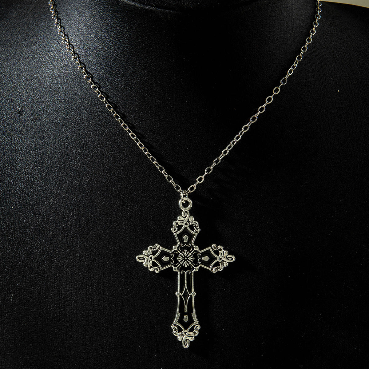 European and American Retro Hollow Diamond Cross Pendant Necklace Gothic Style Black Layered Wear Y Type Necklace