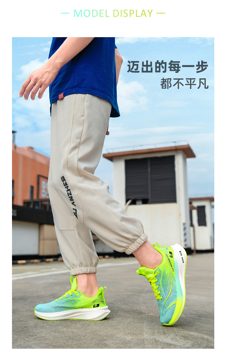 Summer New National Trend Sports Shoes Couple Breathable Student Running Shoes Popcorn Carbon Plate High Elastic Shock Absorption Men's Shoes