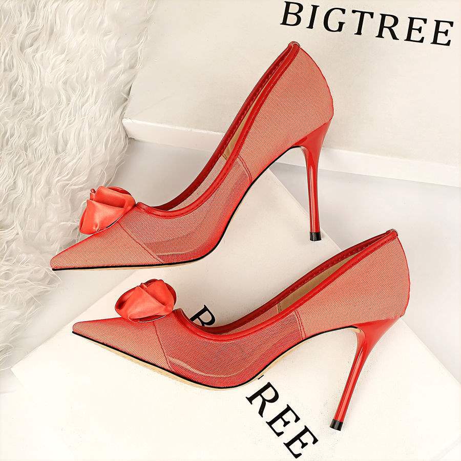 New Black Mesh High Heels Transparent Pure Desire Sexy Women Thin Heels Niche Hollow Pointed Flower Girl