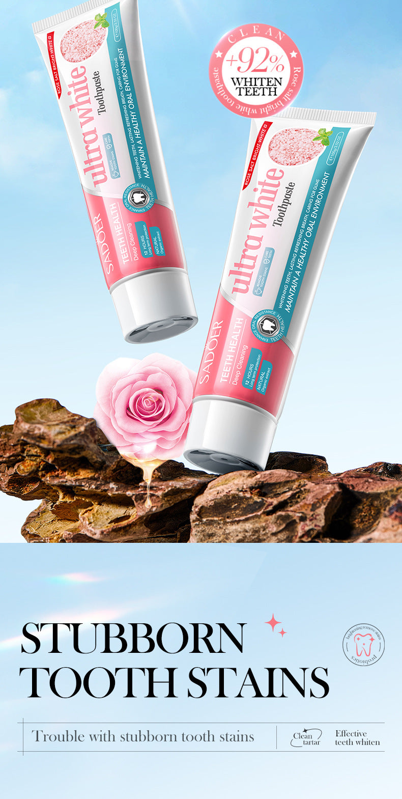 Rose Salt Brightening Stain Removal Toothpaste SADOER Oral Teeth Gum Care Plant-Based Toothpaste  Wholesale