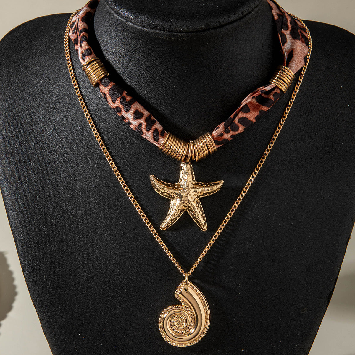European and American Style Ocean-themed Cross Conch Starfish Pendant Leopard Print Exaggerated Necklace Collarbone Chain Jewelry