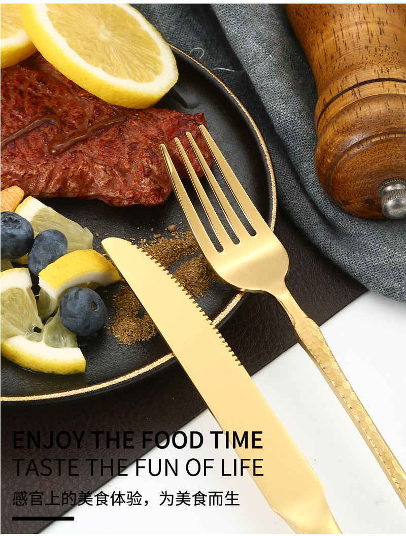 Stainless Steel Tableware Hotel Restaurant Crown Hammered Knife Fork Spoon24Set of Western Steak Knives and Forks