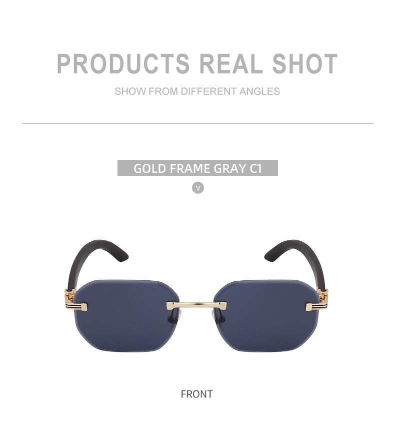 【Customization】Diamond Cut Rimless Glasses for Men, European and American Retro Style, Imitation Wood Grain Temple Sunglasses, Sun Protection Sunglasses