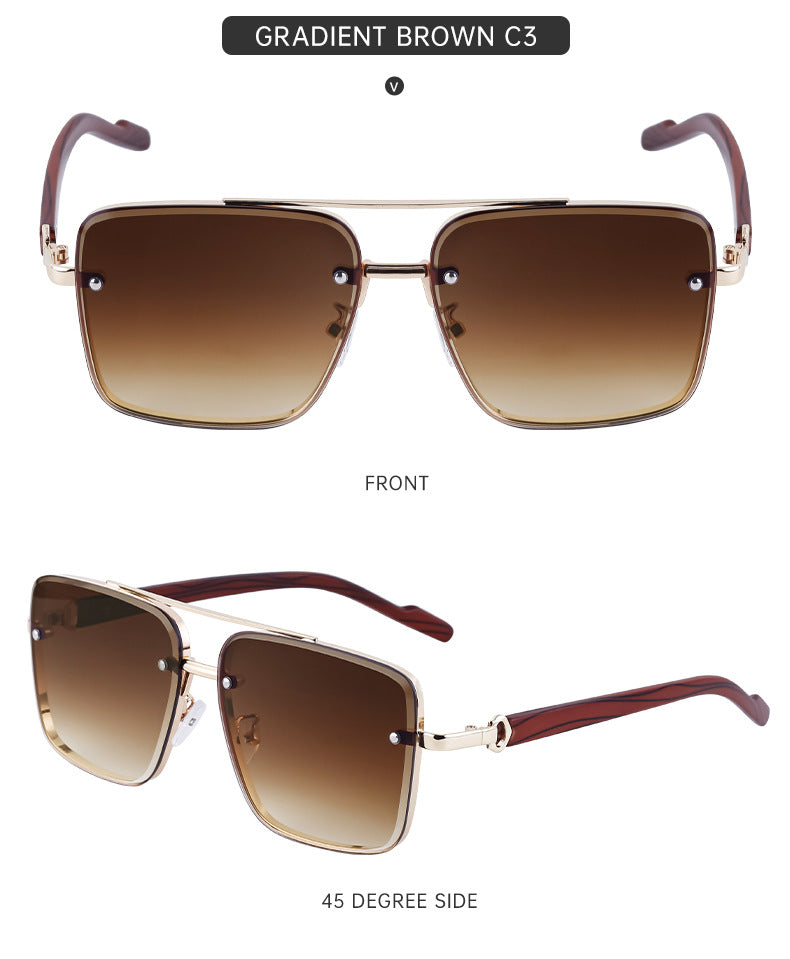 European and American Style Square Frame Cut Edge Sunglasses for Men with Imitation Wood Grain Temples, Men's Trendy Wholesale sunglass