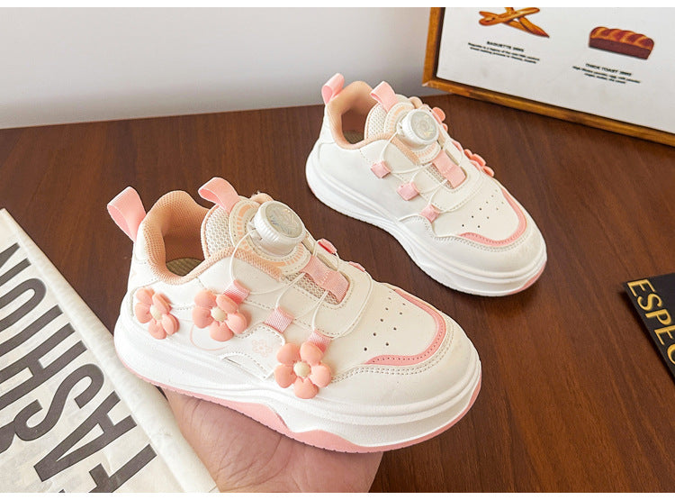 Children's Sports Shoes Spring and Autumn2025New Student Knob Girls' White Sneakers Versatile Casual Girls' Running Shoes