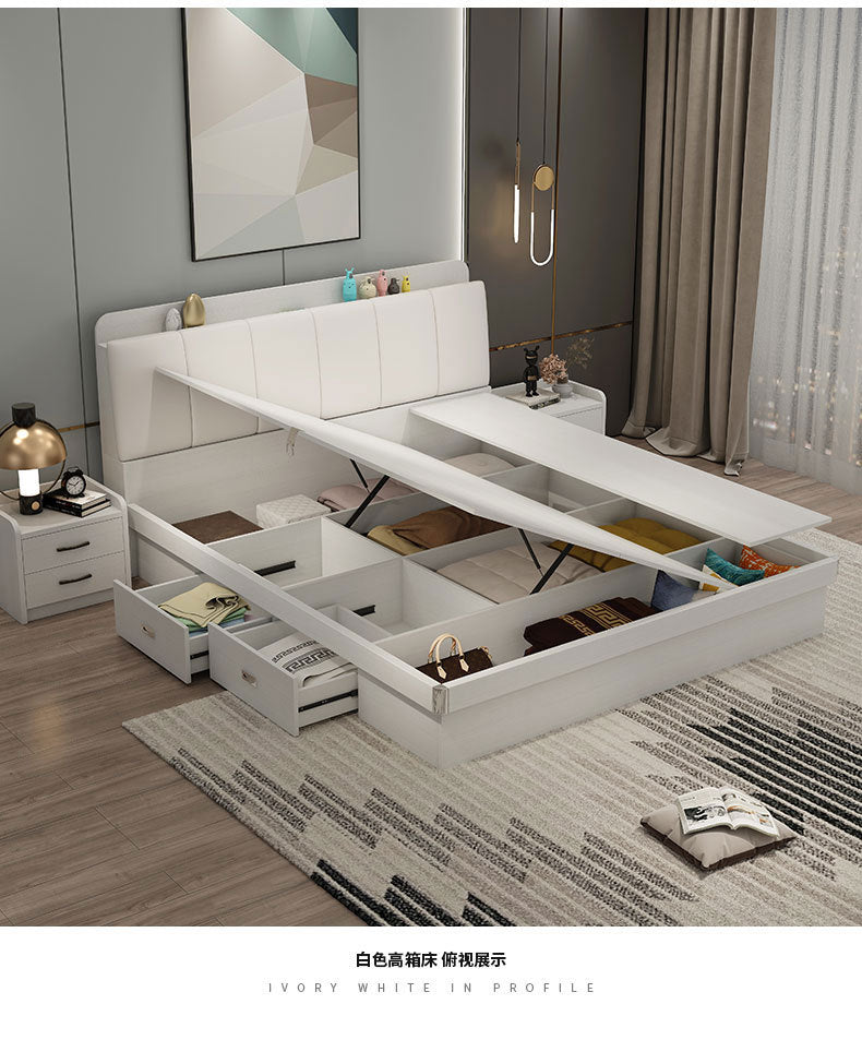 Light Luxury Master Bedroom Bed Matching Wedding Bed1.5Rice1.8Double White Leather Soft Bag High Box Storage Bed High Box Storage