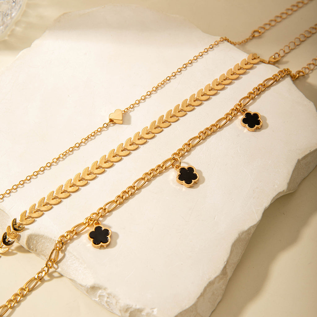 European and American Fashion Alloy Inlaid Diamond Five-Leaf Clover Bracelet Jewelry Three-Piece Set Simple Geometric Smooth Bracelet Wholesale