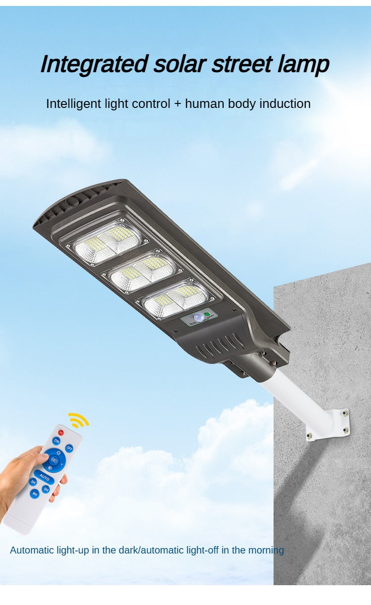 Integrated solar street light with human body induction for outdoor garden, automatic lighting, IP65 waterproof.