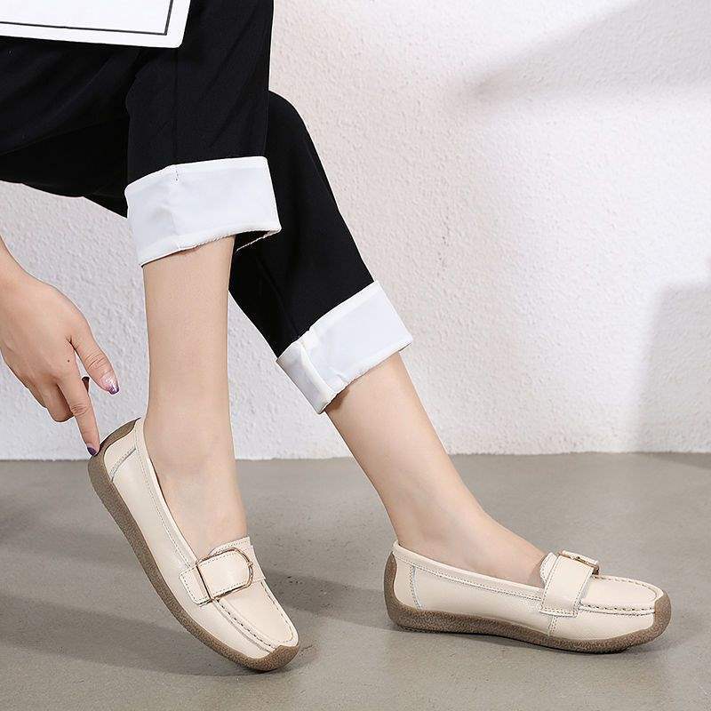 Women's Shoes Flat Soft Sole Loafers Women's Mid-Heel Soft Leather Nurse Shoes Rubber Sole Fashion Versatile Mom Shoes