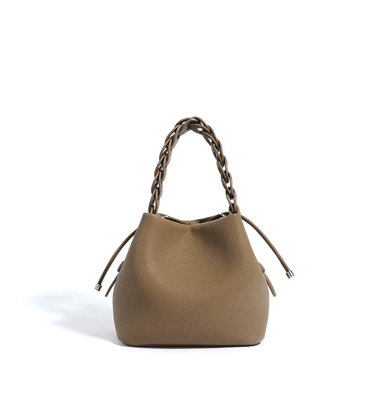 European Style New Top Layer Cowhide Bucket Bag High-Quality Genuine Leather Fashion Women's Handbag Tote Shoulder Crossbody Bag Woven