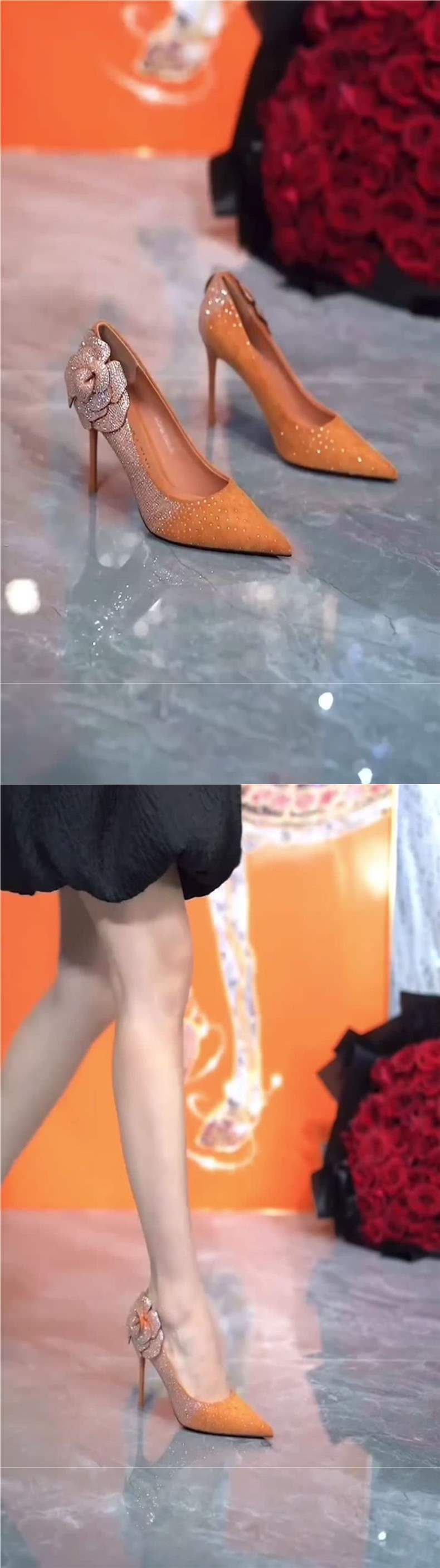 Pointed Toe Rhinestone Design High Heels2025Early Spring New Flower Diamond Red Sole Sexy Stiletto Shoes for Women