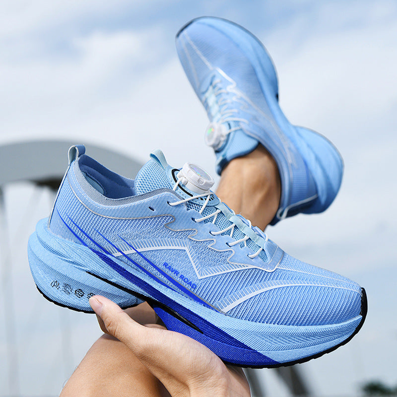 Summer New Hollow Breathable Rotating Buckle Racing Running Shoes Full Palm Carbon Plate Thick Sole Cushioning Sports Shoes