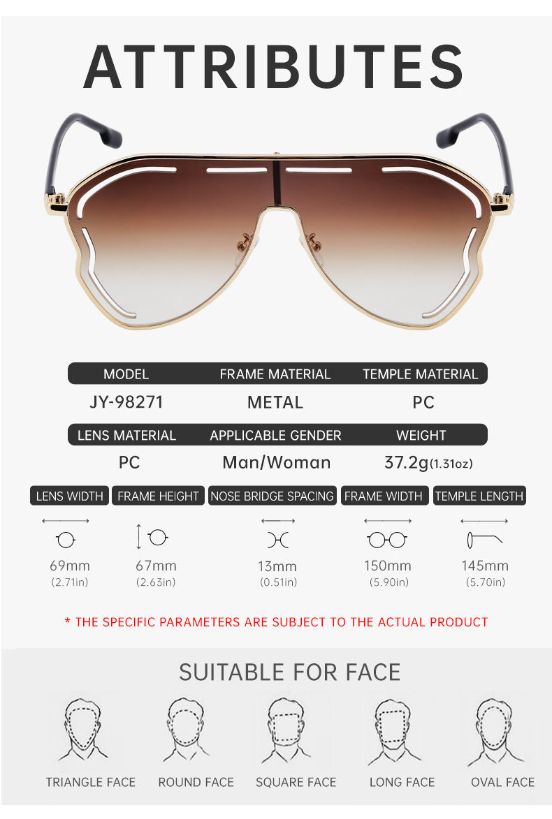 European and American Fashion Large Frame Sunglasses for Women, High-End Unique One-Piece Sunglasses, Trendy Wholesale sunglasses