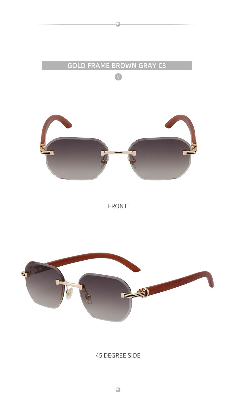 Frameless Glasses for Men High-End European and American Retro Imitation Wood Grain Temple Sunglasses UV Protection Personality Sunglasses