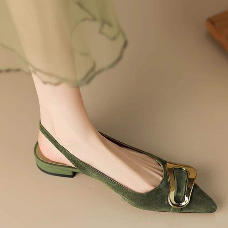 French retro metal buckle flat shoes for women2025Summer New Style Closed-Toe Sandals Pointed Elegant Shallow Mouth Flats