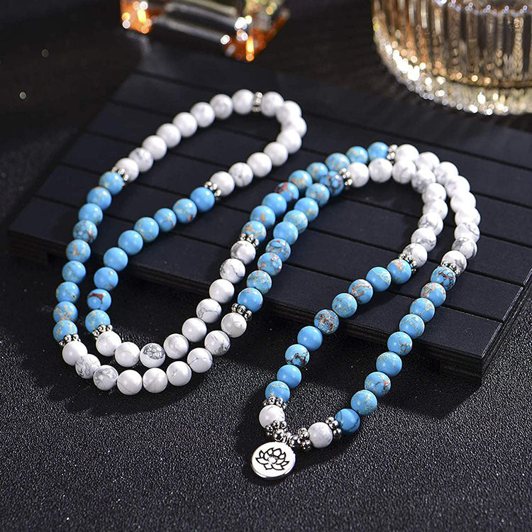 Men's Emperor Stone Bracelet108Series Elastic Cord Natural Stone Beads Lotus Buddha Pendant White Turquoise Long Bracelet