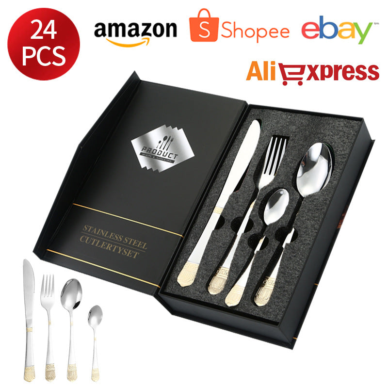 Stainless Steel Tableware Hotel Restaurant Crown Knife Fork Spoon Set Western Steak Knife Fork24Set