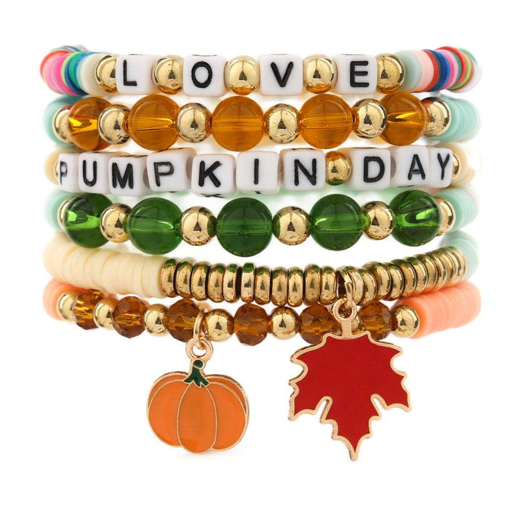 Alphabet Soft Clay Bracelet Set THANKS Bevel Cut Bead Harvest Pumpkin Pendant Bracelet Maple Leaf Thanksgiving Bracelet