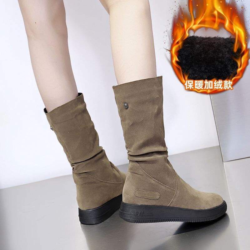 Thick-Soled Non-Slip Suede High Boots for Women, Thick Fleece Winter Mid-Calf Boots, Flat Snow Boots, Warm Cotton Shoes, Martin Boots
