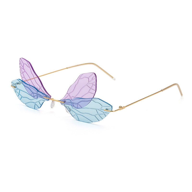 Dragonfly Sunglasses for Women, Stylish Wing Design, Fashionable Double Lens Party Dance Frameless Sunglasses