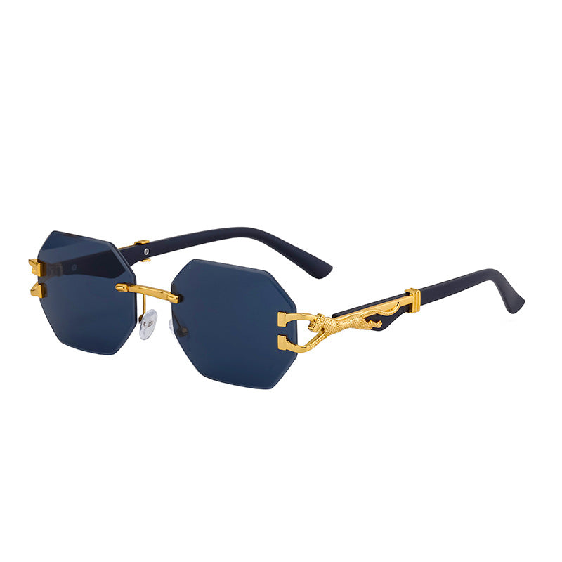 New European and American Retro Frameless Sunglasses for Men with Imitation Wood Grain Temples Wholesale Glasses shades