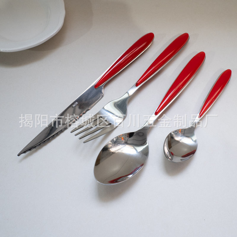 18/10Western Cutlery Set Stainless Steel Knife Fork Spoon Dopamine Color Long Handle Spoon High Aesthetic Home Use