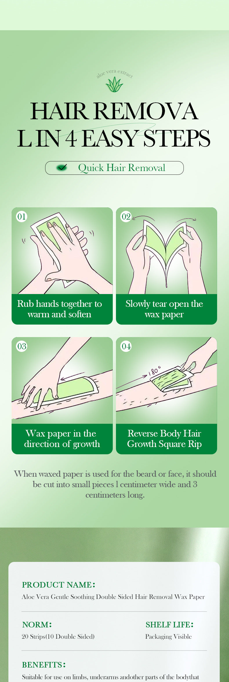 Full English Aloe Vera Double-Sided Hair Removal Wax Paper SADOER Armpit Hair Leg Hair Body Hair Removal Hair Removal Cream  Wholesale