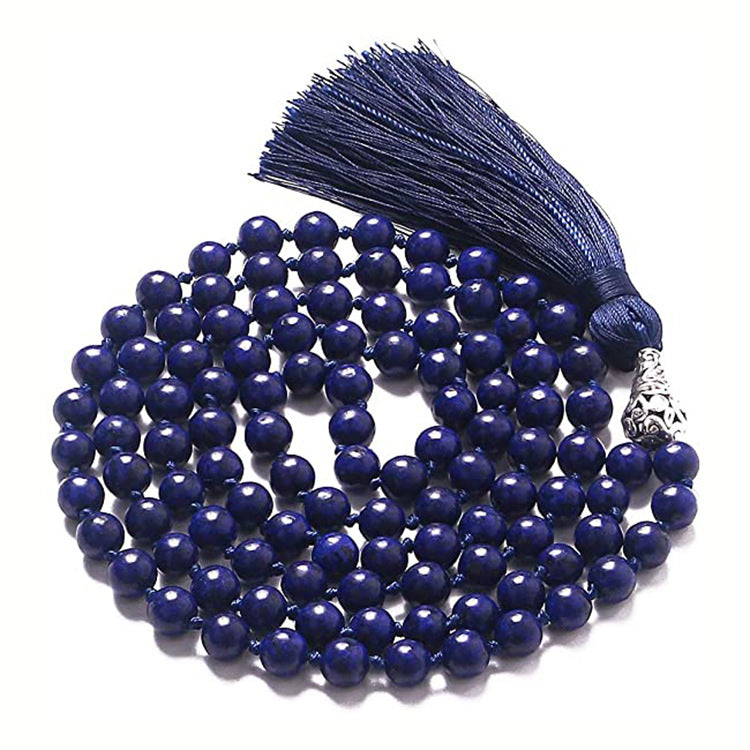 Men's Stone Tassel Long Bracelet108Beaded Bohemian Style Blue Agate Tassel Long Bracelet