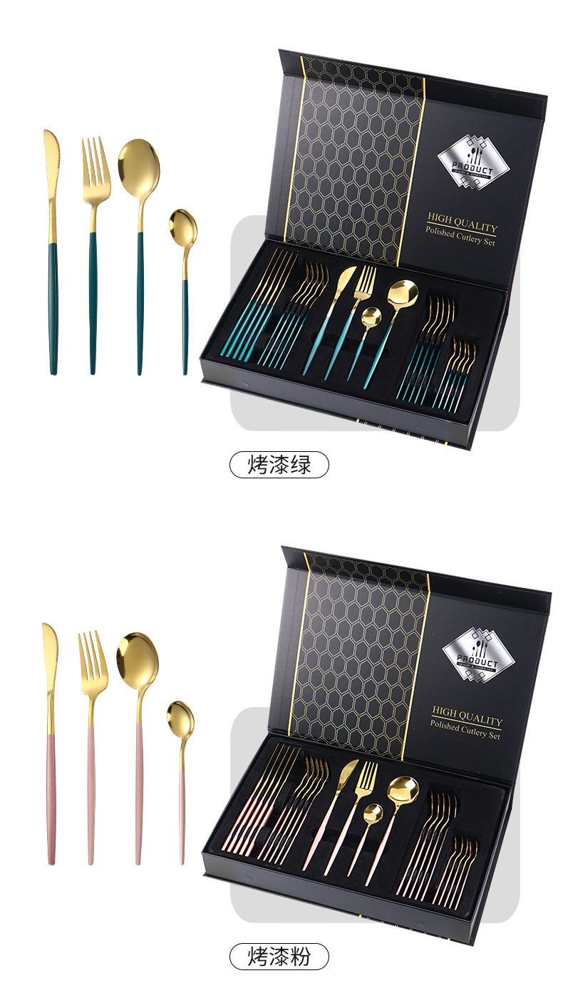 Hot-selling Portuguese Stainless Steel Tableware24Set of Western Dining gold Steak Knife Fork Spoon Gift Box Set