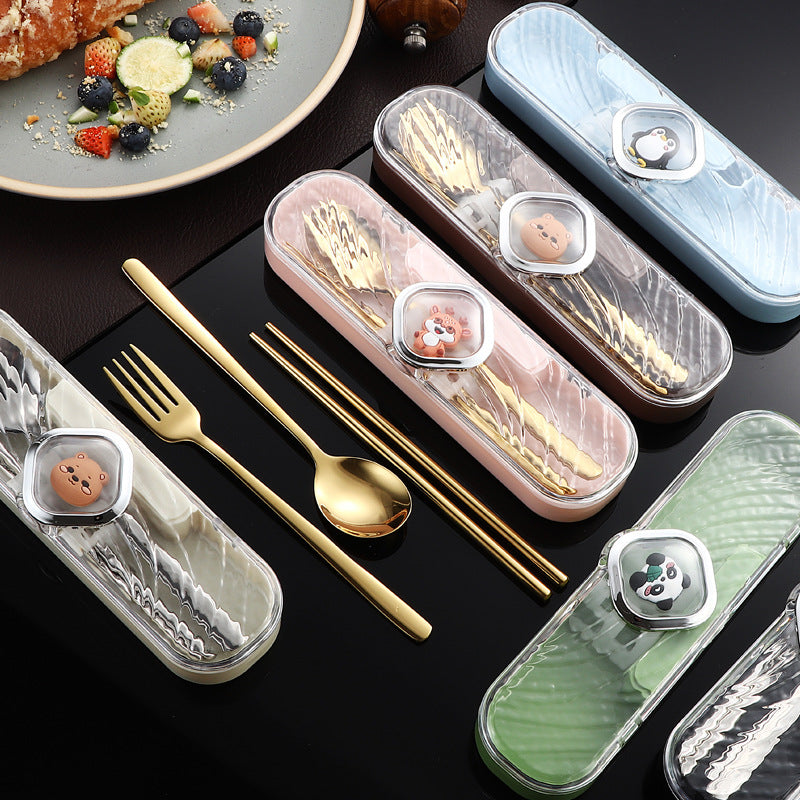 304Stainless Steel Tableware Student Cartoon Portable Tableware Set Work Outdoor Fork Spoon Chopsticks Three-piece Set