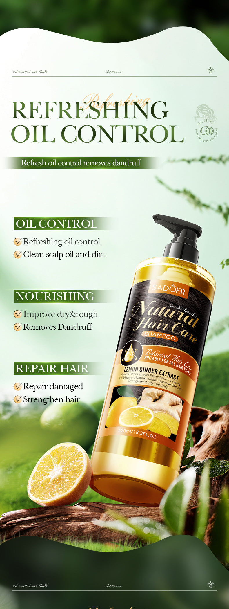 Lemon Ginger Shampoo520ml SADOER Smooth Nourishing Cleansing Shampoo Cross-Border Wholesale