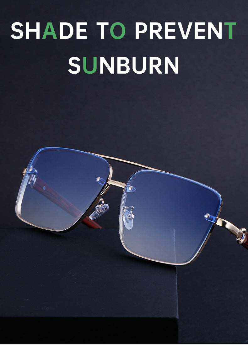 European and American Style Square Frame Cut Edge Sunglasses for Men with Imitation Wood Grain Temples, Men's Trendy Wholesale sunglass