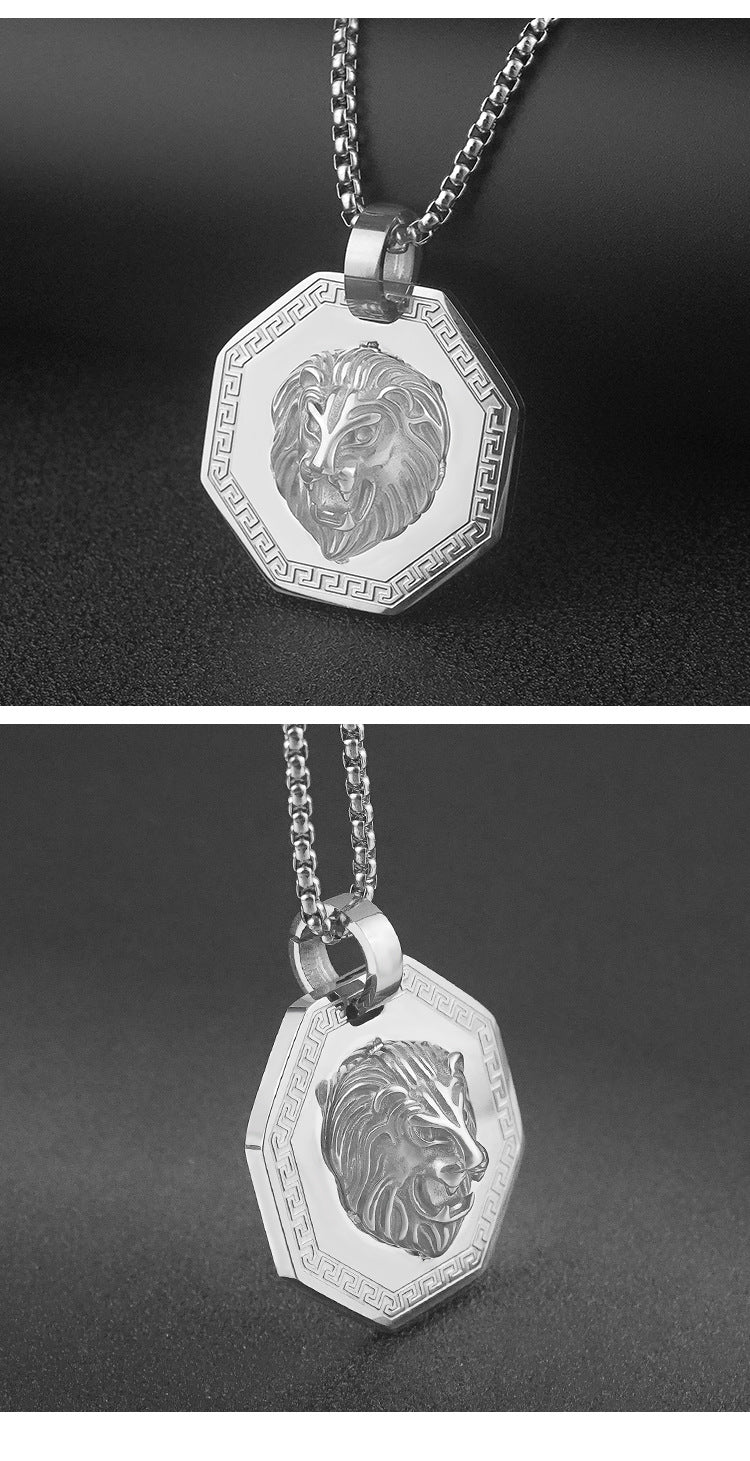 Vintage Lion Stainless Steel Necklace Octagonal Titanium Steel Pendant Men's Personality Fashion Pendant Factory Wholesale