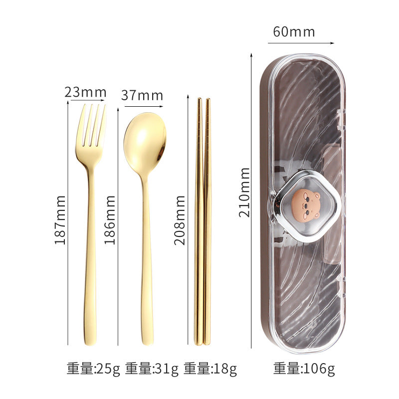 304Stainless Steel Tableware Student Cartoon Portable Tableware Set Work Outdoor Fork Spoon Chopsticks Three-piece Set