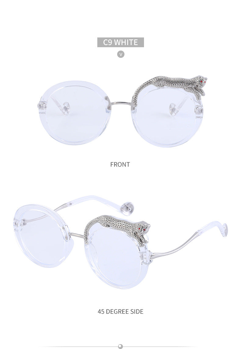 2025New Anti-Blue Light Glasses for Women Leopard Head Diamond-Studded European and American Round Frame Sunglasses Trendy Large Frame Sunglasses High-End Feel
