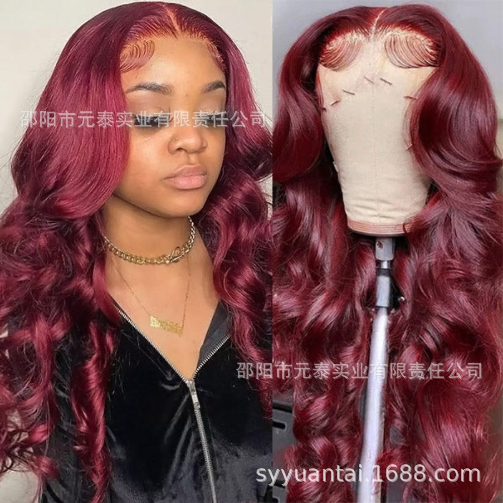 99J Front Lace Wig Big Waves Full Head Daily Women Long Curly Hair High Temperature Fiber Synthetic Wig Air Bangs