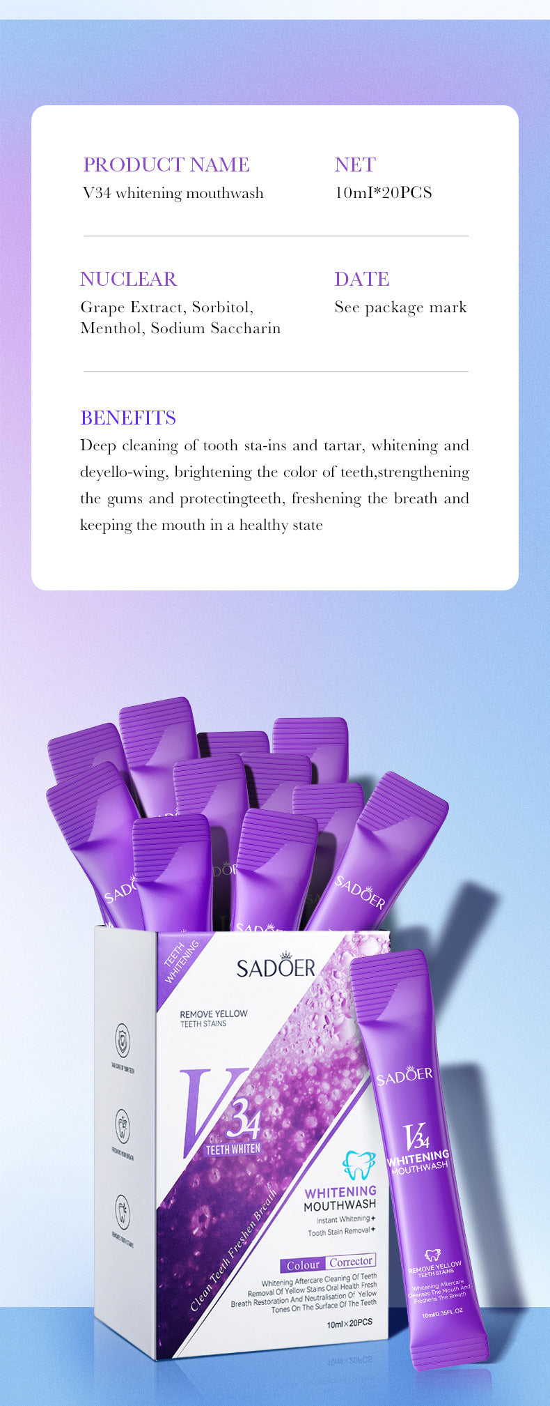 V34Whitening Mouthwash SADOER Clean Teeth Oral Fresh Mouthwash Cross-Border Wholesale