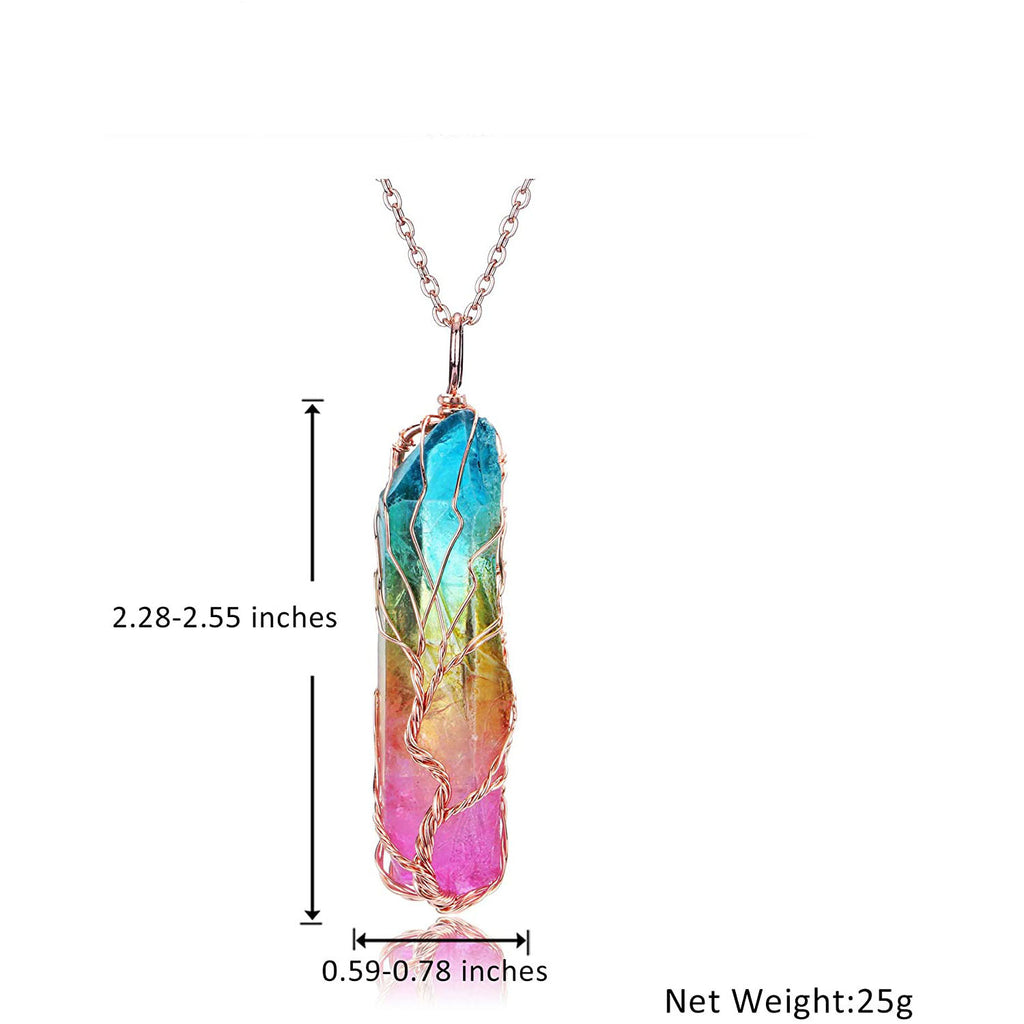 Natural White Crystal Women's Necklace with Color Plated Hexagonal Column Life Tree Pendant Bronze Wire Wrapped Crystal Pendant Necklace
