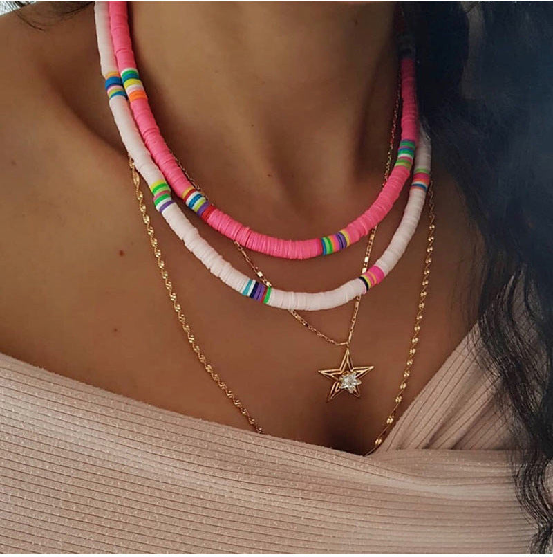 Hawaiian Women's Collarbone Chain6mm Colorful Soft Clay Lobster Clasp Chain Necklace Beach Soft Clay Necklace