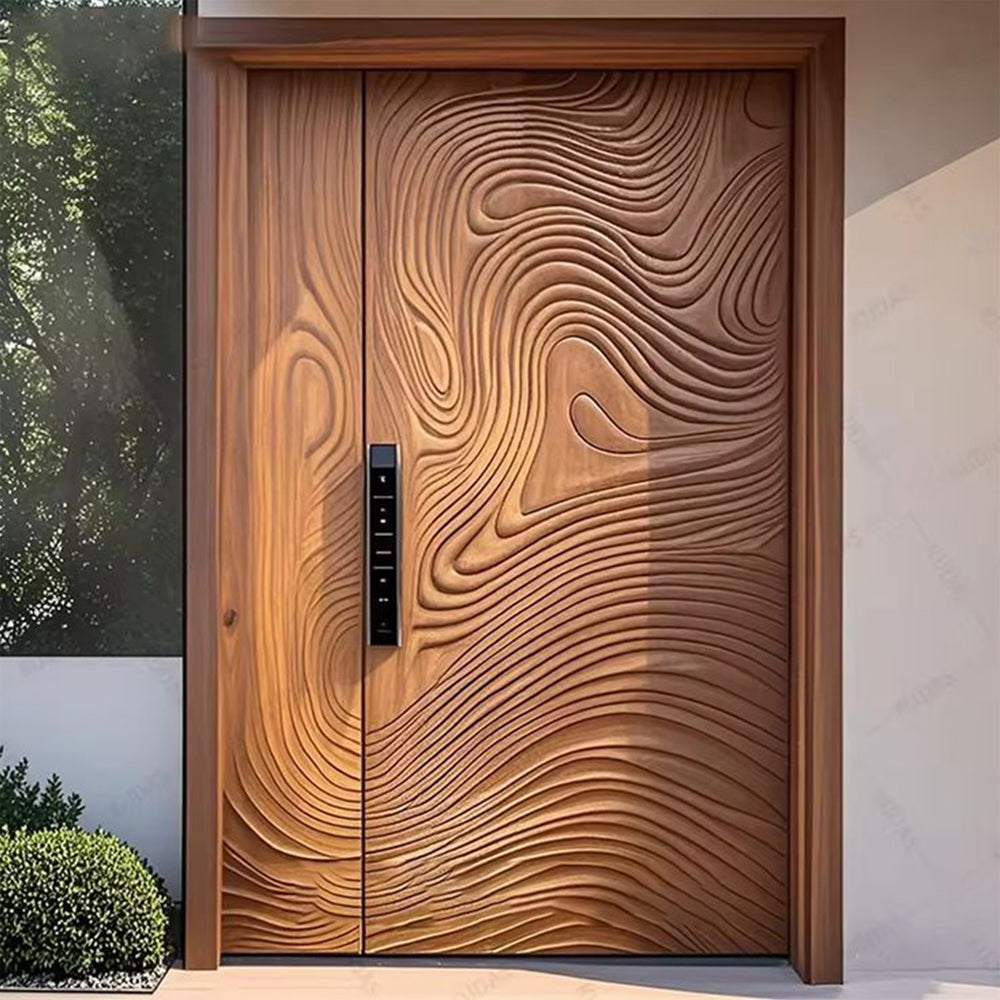 Natural Ash Solid Wood clear Lacquer 3D Irregular Surface Design Modern Front Entry Pivot Door with Long Handle and Smart Lock