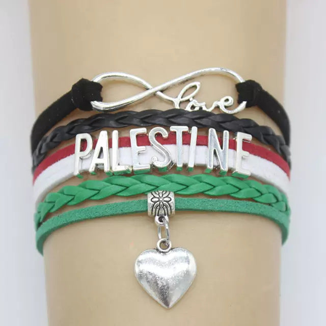 Men's Multi-layer Braided Leather Bracelet with Heart Pendant Vintage Stacking PALESTINE Letter Braided Bracelet