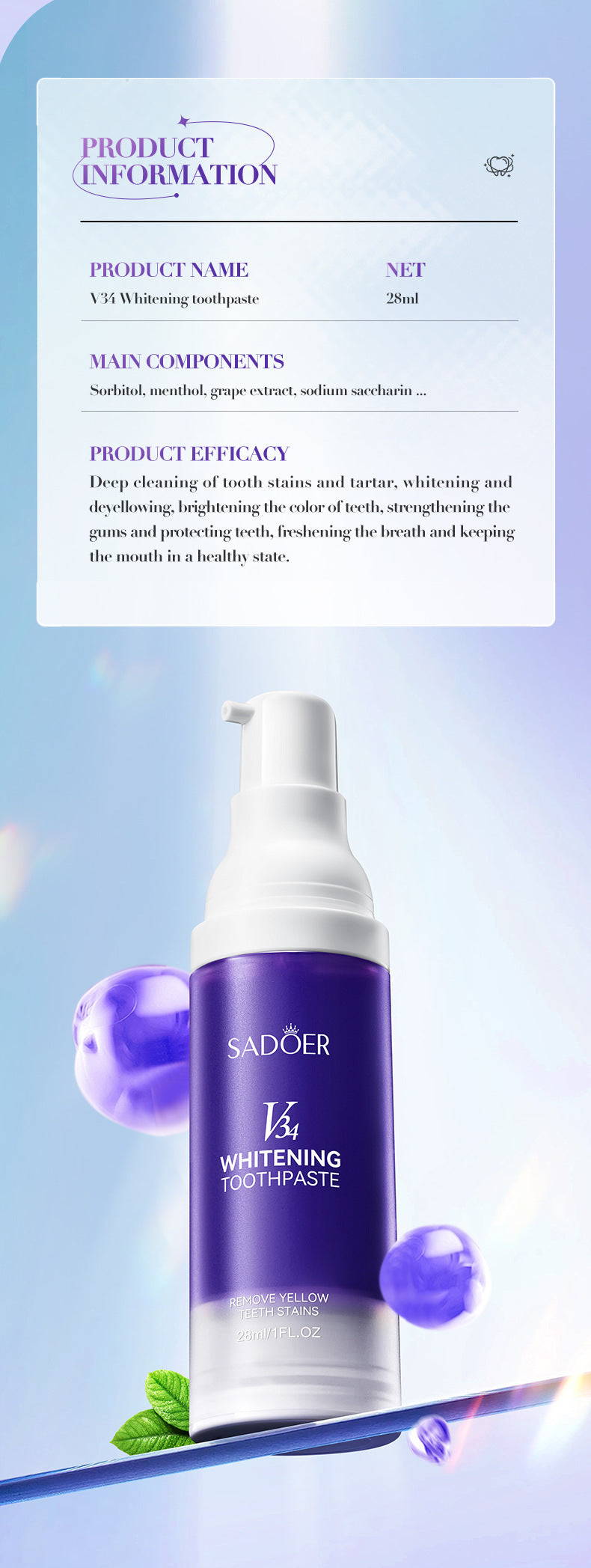 V34Whitening Toothpaste28ml SADOER Clean Teeth Clean Toothpaste Cross-Border Foreign Trade Wholesale