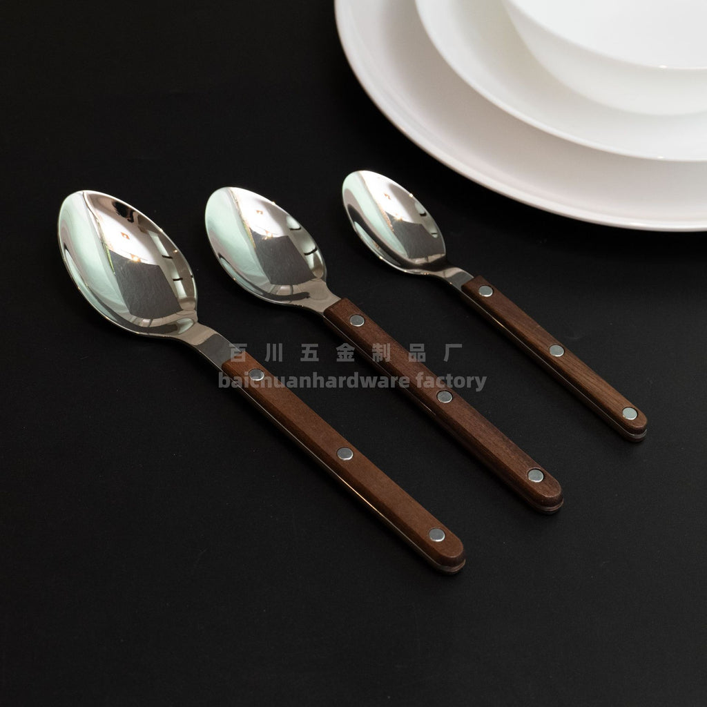 French Style Solid Wood Walnut Handle Western Cutlery Stainless Steel Knife Fork Spoon Wholesale Household Kitchen Western Restaurant