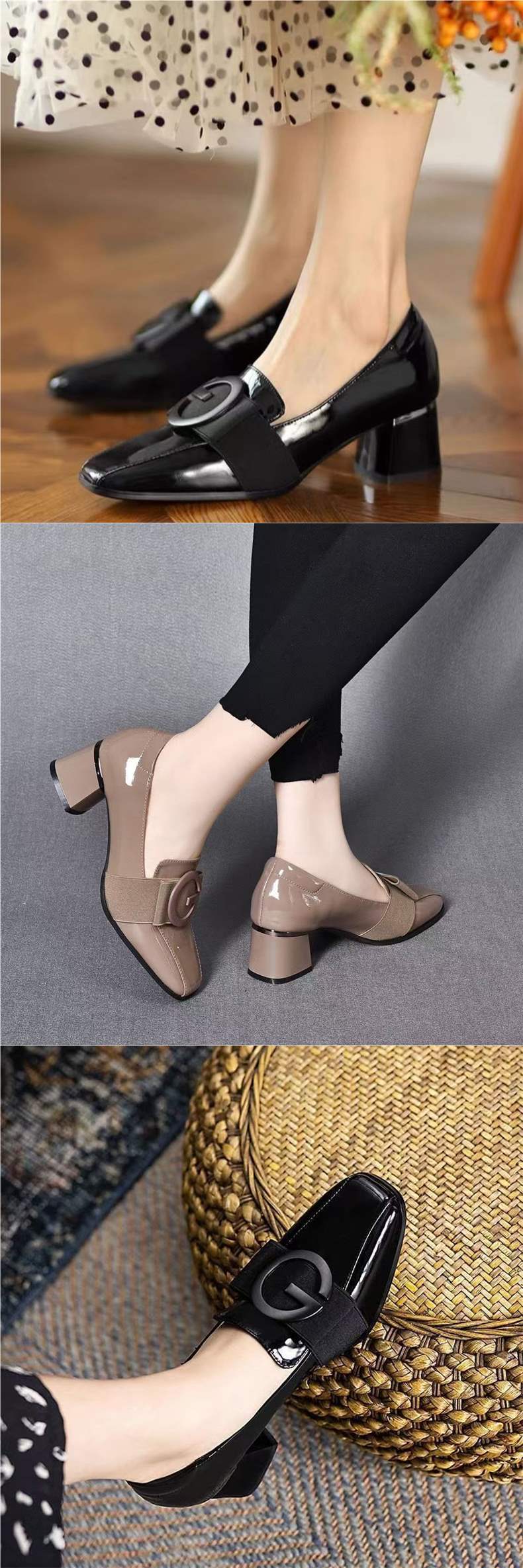 Soft Leather Patent Leather New Style Women's Shoes Fragrance Style Korean Version Square Toe Elegant Small Leather Shoes Versatile Soft Sole Chunky Heel Loafers for Women