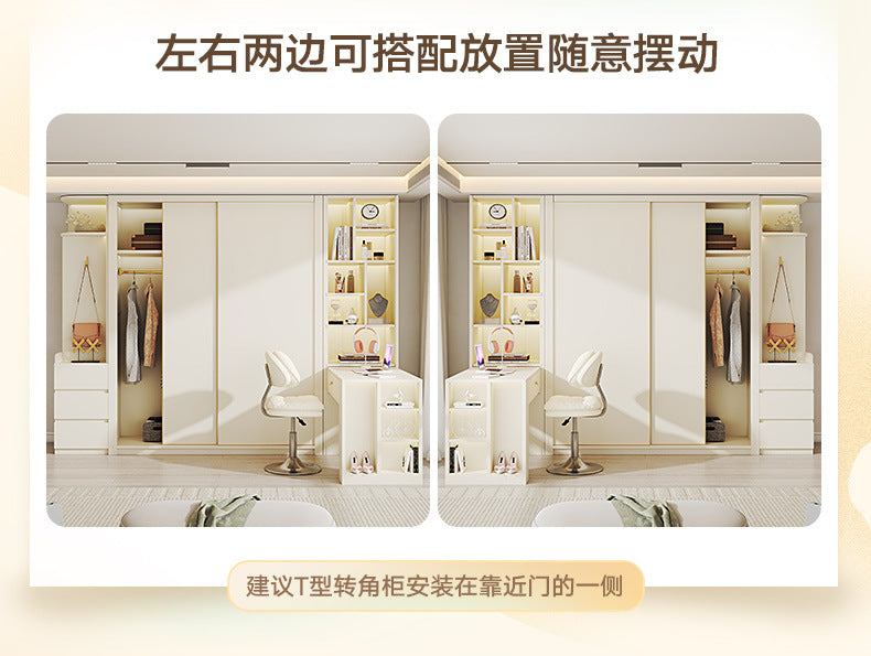 E0European Pine Board Warm White Sliding Door Wardrobe Desk Integrated Set Cream Style Bedroom Home Solid Wood Large Wardrobe