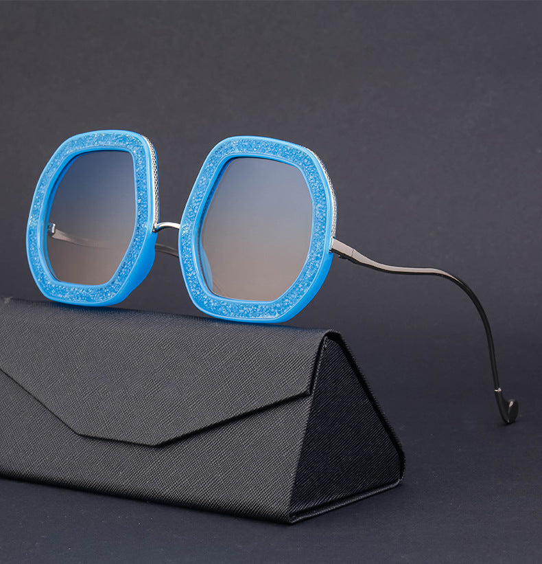European and American Style Women's Sunglasses with Rhinestones, Irregular Polygonal Large Frame Sunglasses, Trendy High-End Glasses Wholesale