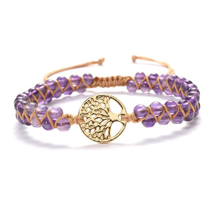Amethyst Double Row Bracelet Women Gift Lucky Tree Adjustable Bracelet Natural Tiger Eye Stone Double Layer Braided Bracelet
