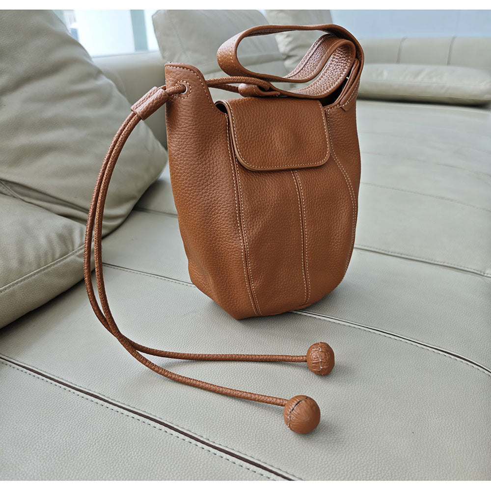 Genuine Leather Bucket Bag2025Autumn and Winter New Women's Bag Casual Fashion Versatile Single Shoulder Crossbody Large Capacity Pumpkin Bag