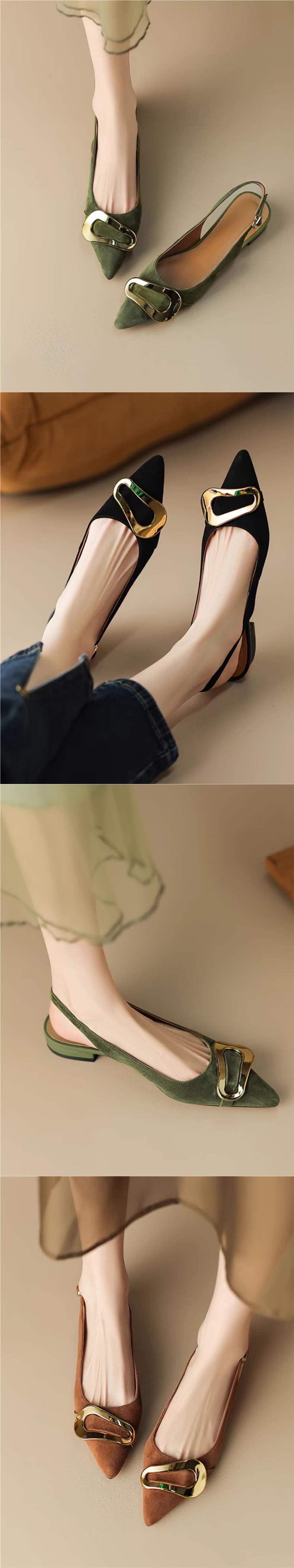 French retro metal buckle flat shoes for women2025Summer New Style Closed-Toe Sandals Pointed Elegant Shallow Mouth Flats